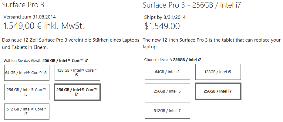 Microsoft Surface 3 Pro, Preis