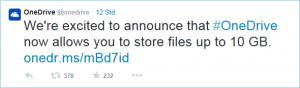OneDrive Tweet: Upload Limitierung nun bei 10GB