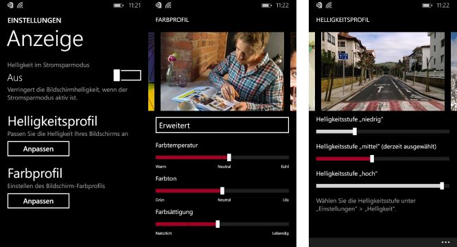 Lumia 630 Farbprofil und Helleigkeit Einstellungen