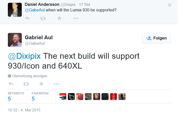 Gabe Auls Tweet über die Verfügbarkeit von Windows 10 für 930, Icon und 640XL
