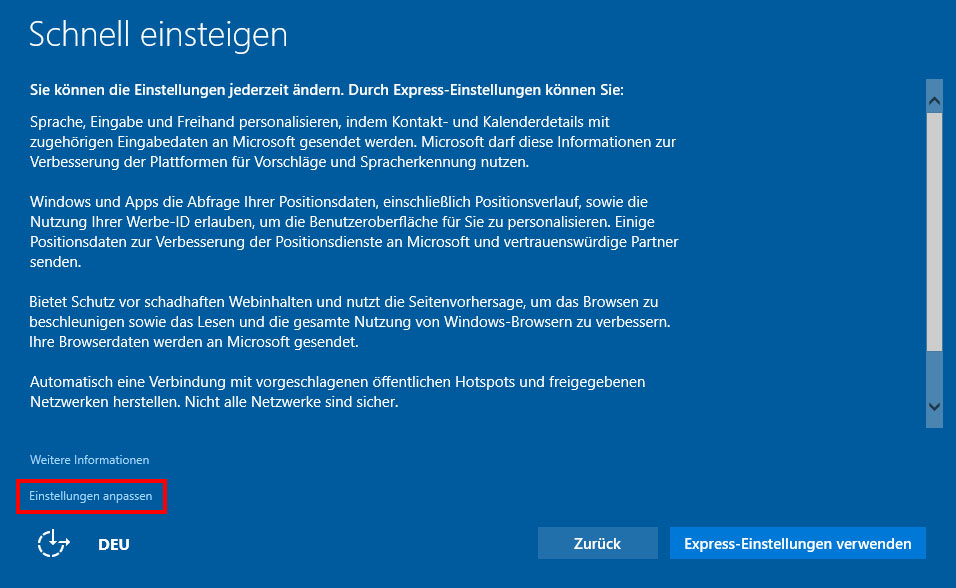 Windows 10 angepasste Installation