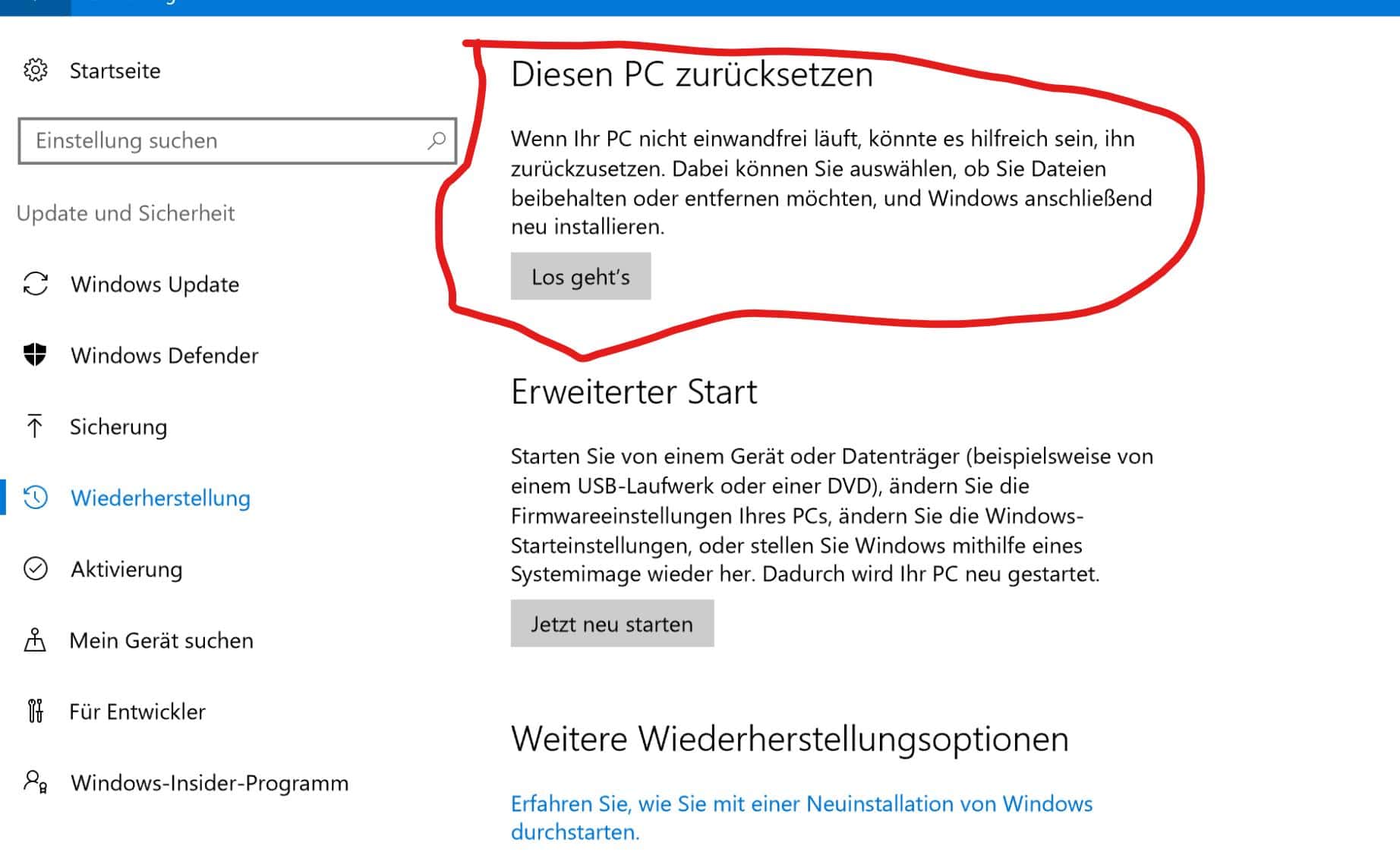 Windows 10 Konto zurücksetzen