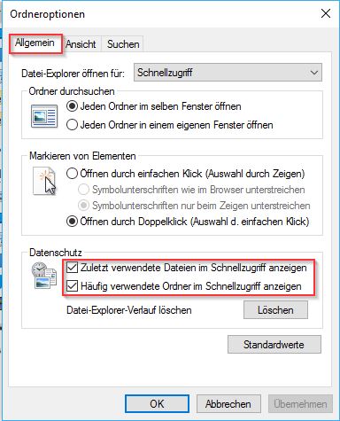 Windows 10 Explorer Schnellzugriff abschalten