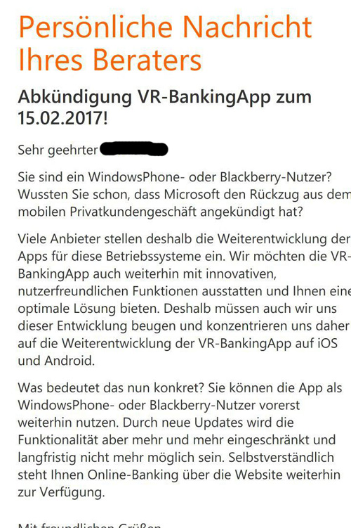 VR-Banking App für Windows Phone wird eingestellt