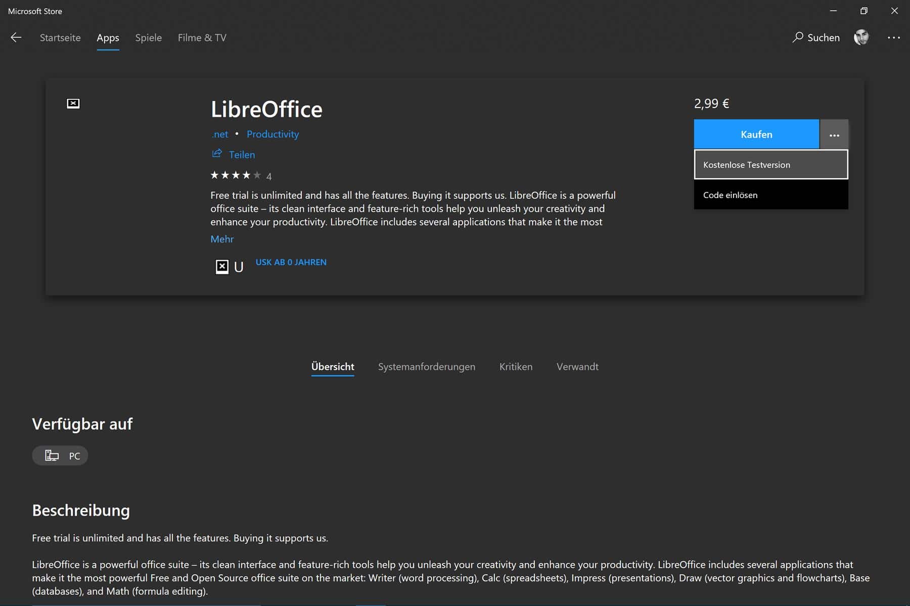 LibreOffice Windows 10 Microsoft Store
