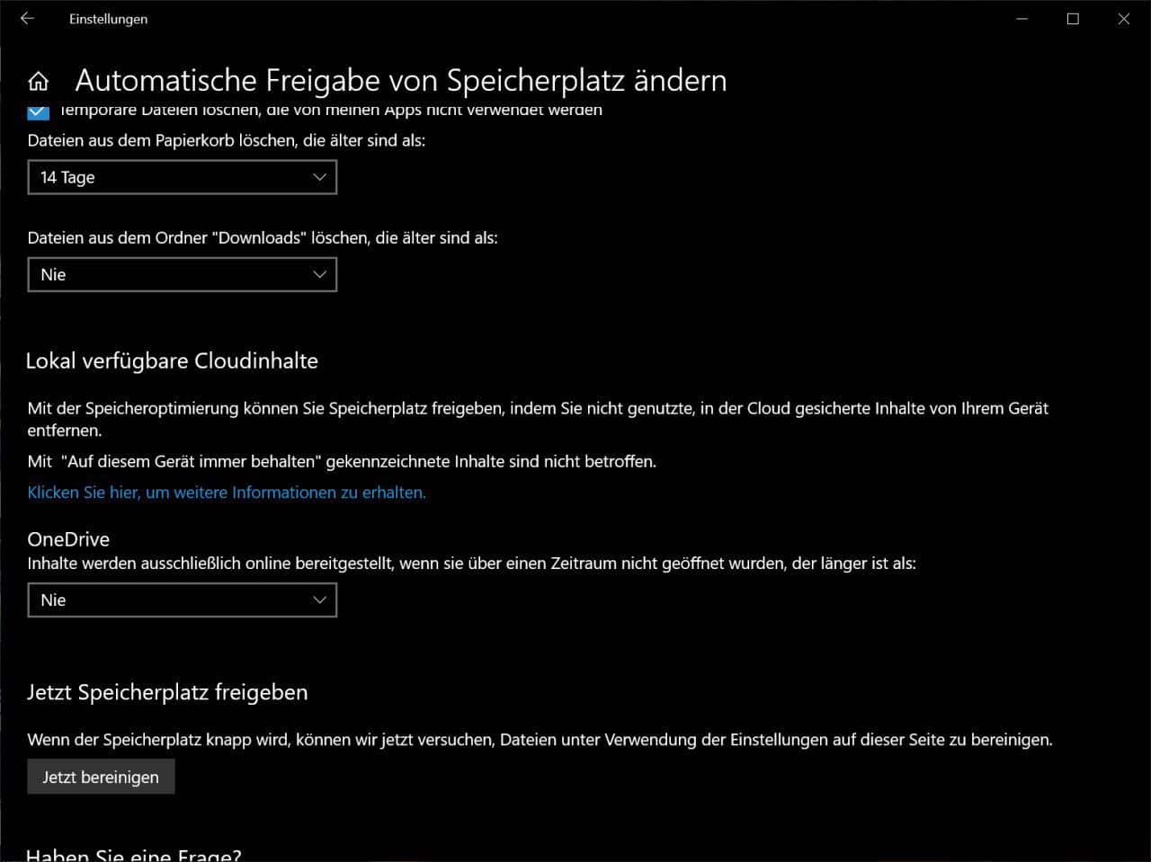 OneDrive Speicherbereinigung Windows 10 Version 1809