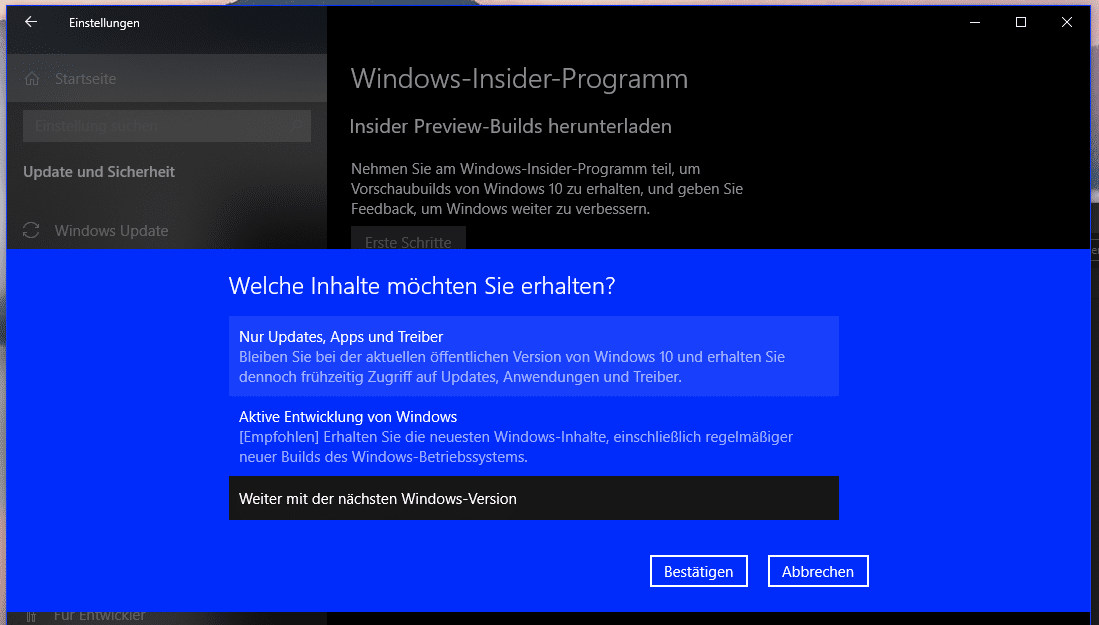 Auswahl Windows Insider Programm