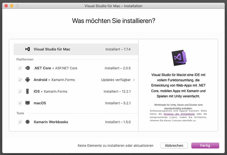 Der Visual Studio Installer unter macOS