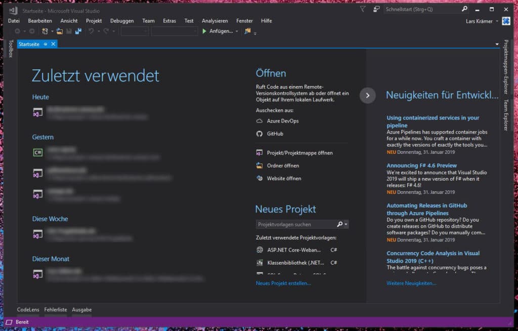 Startseite von Visual Studio 2017