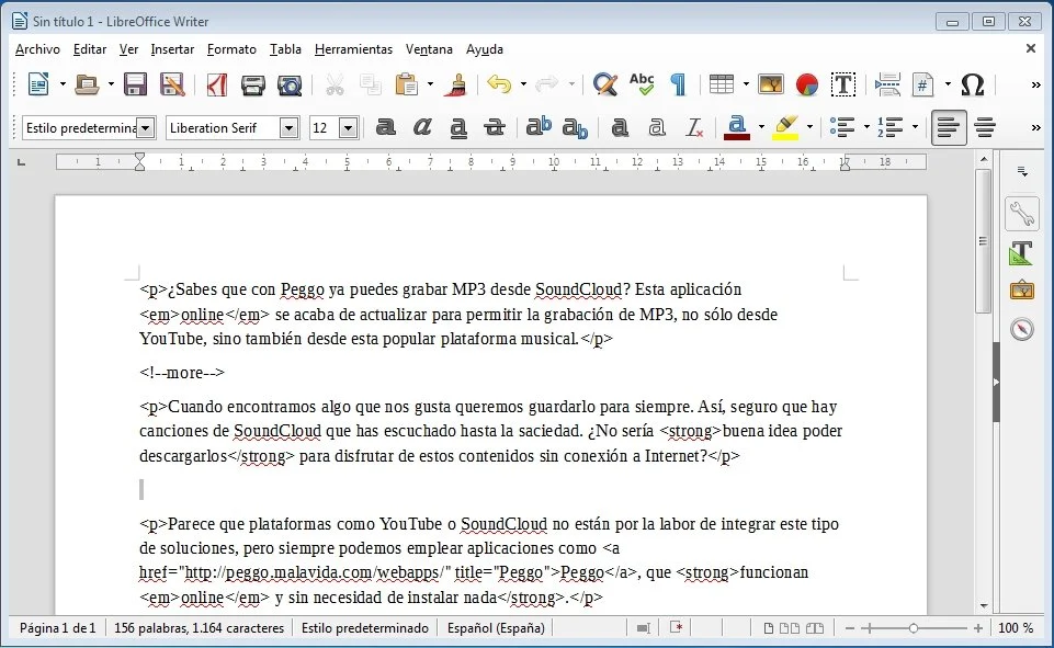 Oberfläche von LibreOffice Writer mit geöffnetem Dokument